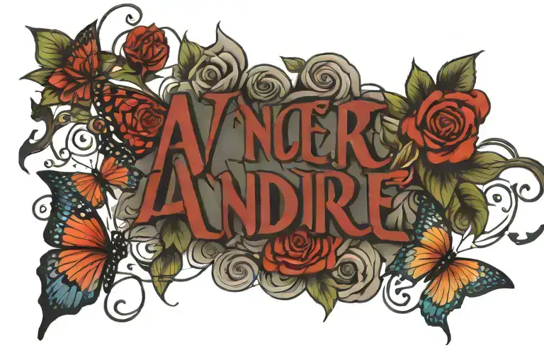 The Word Andre With Red Ink And Roses And Butterflies