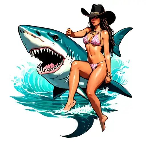 Cowgirl Riding Great White Shark In Bikini