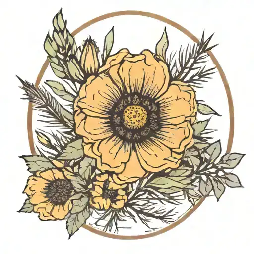 A Marigold Or Poppy Flower In A Desert With Guaro And A Yucca Shrub In An Oval Border