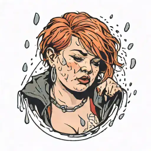 Chubby Girl With Piercings And Red Short Hair Crying With Rain Dripping Down