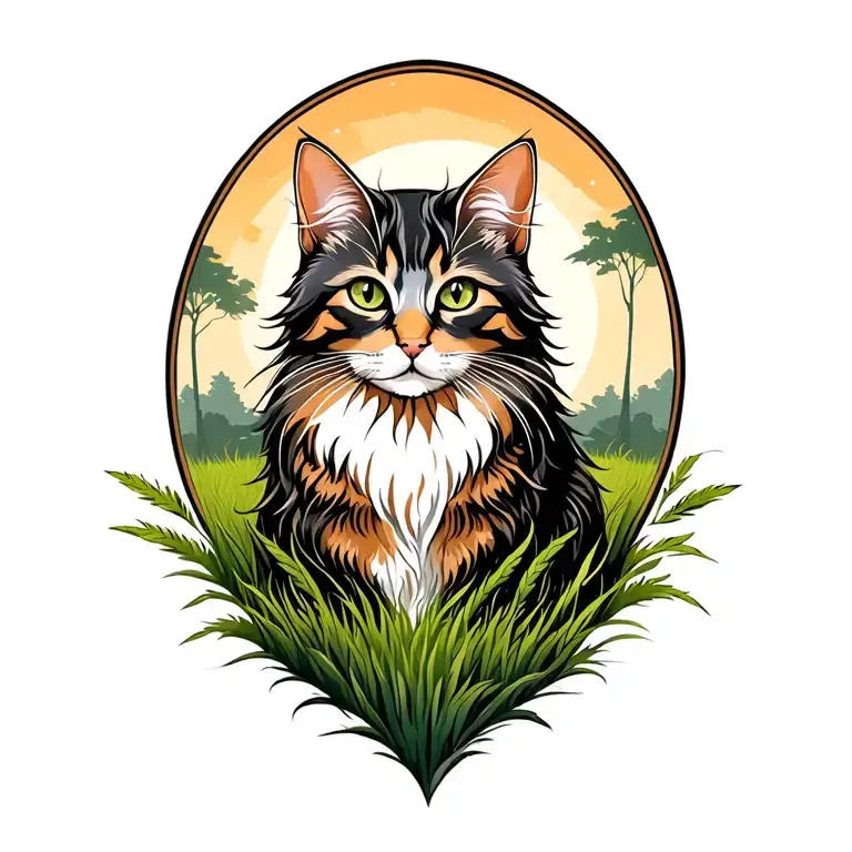 Longhaired Cat Made Out Of Trees And Grass Field Looking