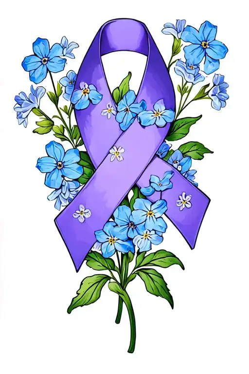 Alzheimers Ribbon Wrapped Around Forget Me Not Flowers