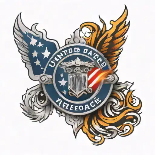 Shoulder Tattoo Of United States Airforce Fire Protection Badge With American Flag And Flames