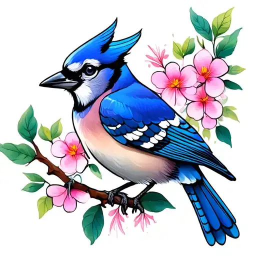 Blue Jay With Branch And Flowers