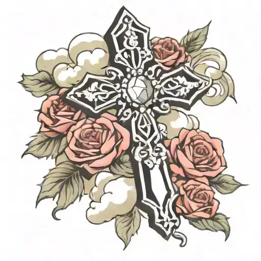 Chrome Heart Diamond Cross With Clouds And Growing Roses