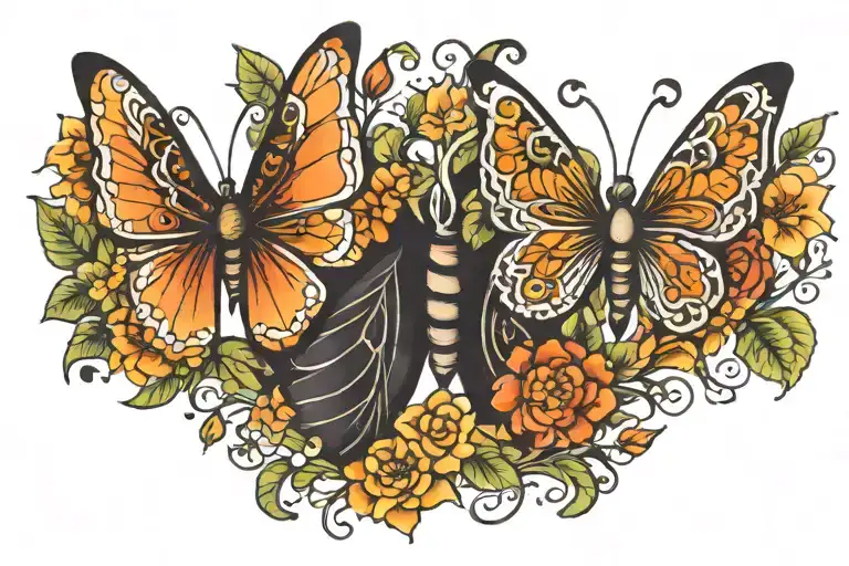Half Butterfly Half Flowers Intertwined