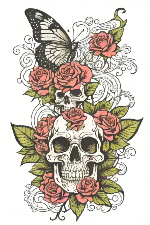 Roses Skull Butterfly's With Flower Stem Half Arm Sleeve