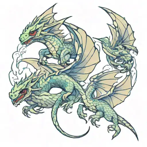 3 Baby Wyverns Flying Around Each Other With 1 Adult Wyvern Looking Over The 3 Flying