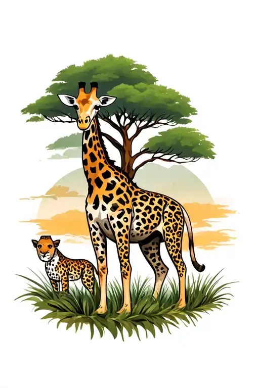 Giraffe And Leopard Tattoo With Tree In Background In African Safari