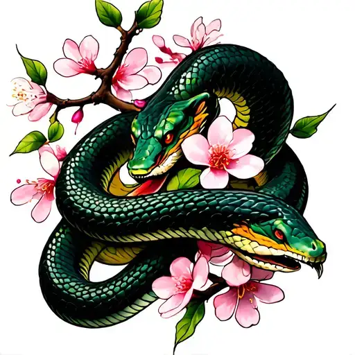 A Snake Wrapped Around A Cherry Blossom Branch