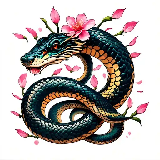 A Snake Intertwined With A Cherry Blossom Petals Falling