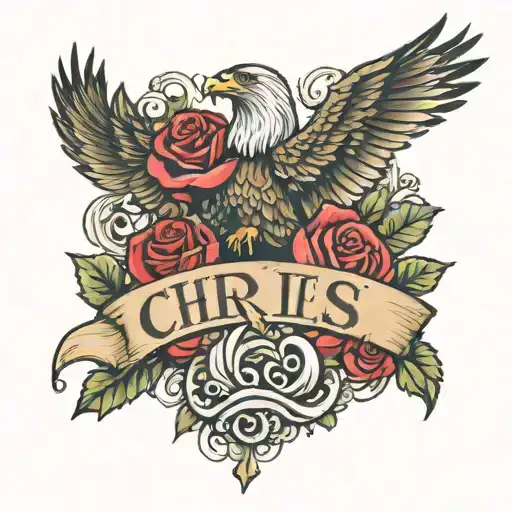 Chris Name Written With Eagle And Roses Blooming