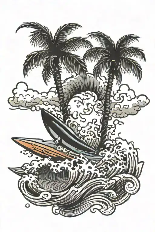 Galveston Coast With Palm Trees And Surfer Riding A Wave