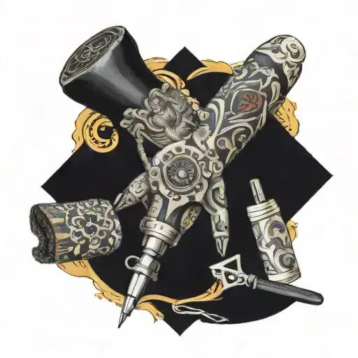 Tattooed Woman Hand Holding Tattoo Machine And Beauty Brushes
