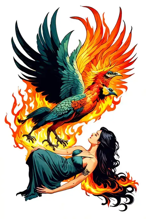 Woman Lying Sideways That Comes Out Of The Chest And Fire Comes Out A Phoenix