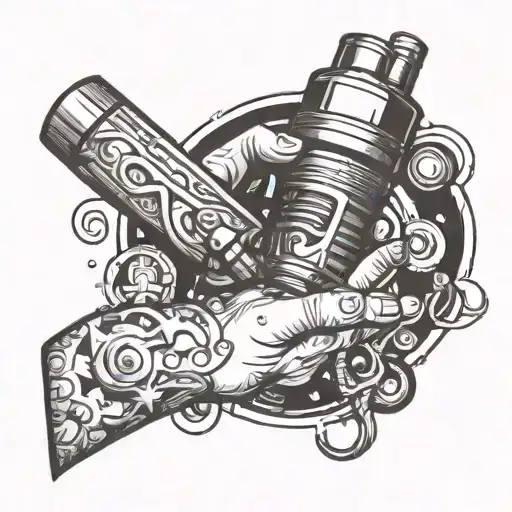 Hand Holding Tattoomachine And Brushes