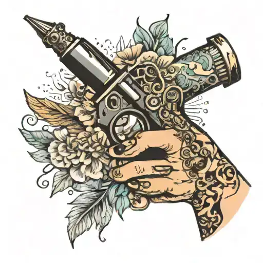 Woman Hand Holding Tattoo Gun And Beauty Brushes