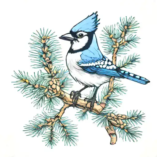 Blue Jay With A Branch Of Araucaria