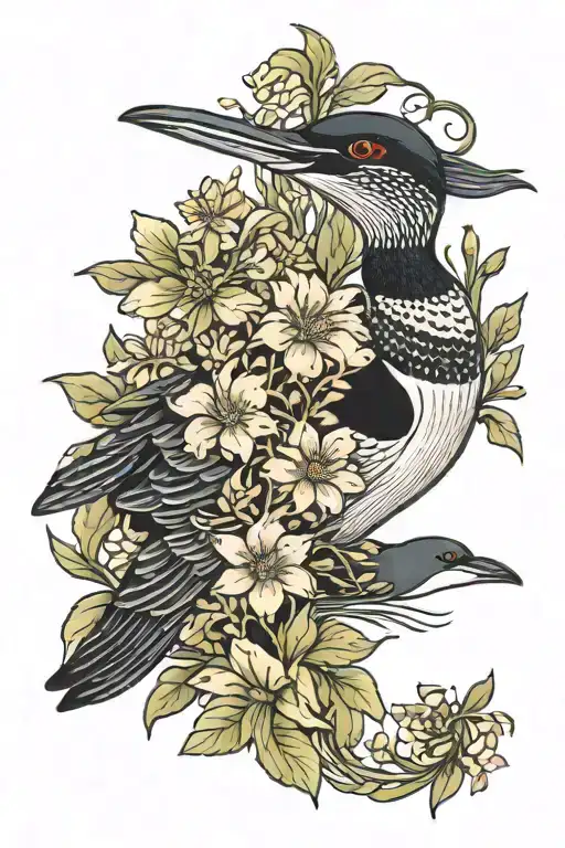 Art Neuveau Wildflowers Around A Common Loon