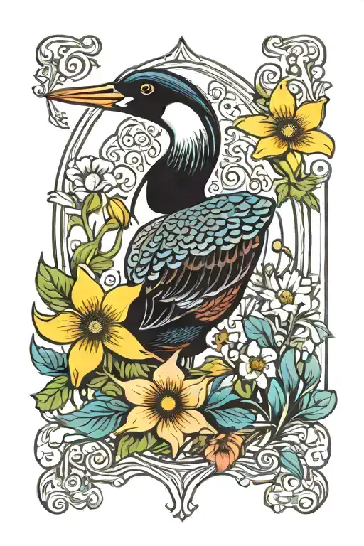 Colorful And Symmetrical Art Neuveau Style Wildflowers Framing Common Loon