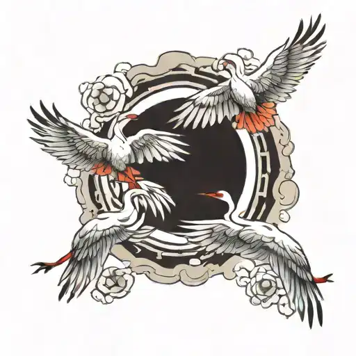 Three Japanese Crane Bird Flying In The Sky