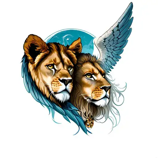 Angel And Lioness Face Surrounded
