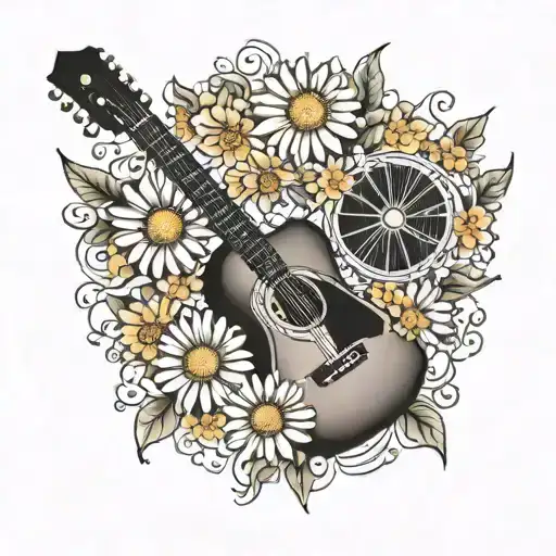 Guitar And Daisy Flowers