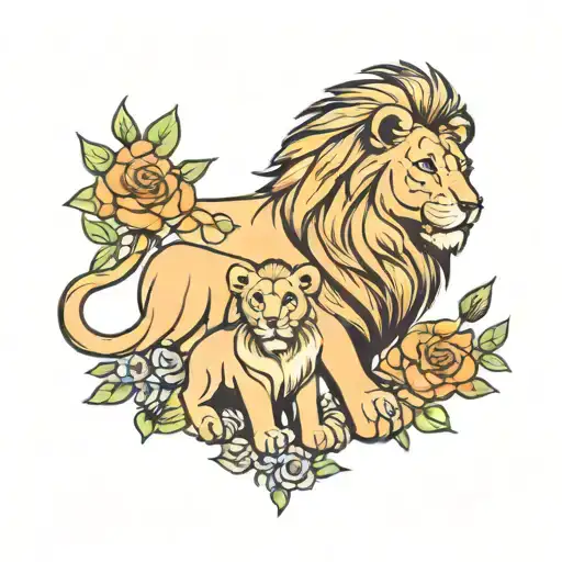 Lion With Cub Surrounded By Flowers