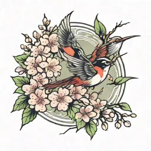 Cherry Blossom And Birds Flying