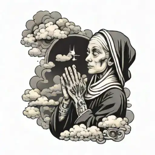 Nun Praying With Side View Though Camera Lens And Clouds With Dark Shading