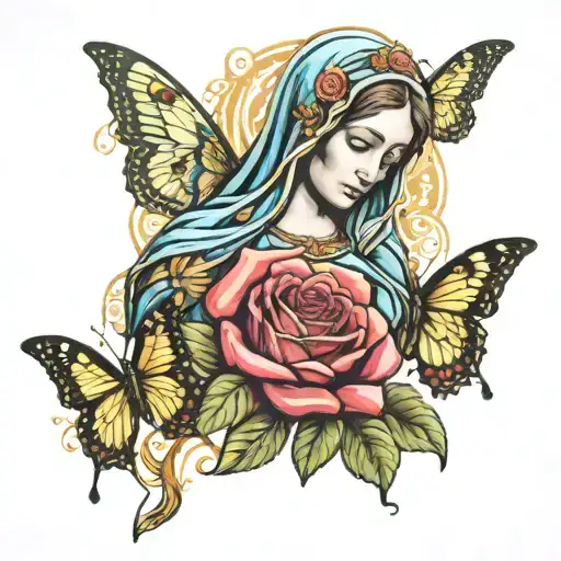 Virgin Mary Roses And Butterflies