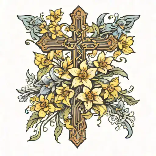 Cross Surrounded By Daffodils Chrysanthemums Larkspur