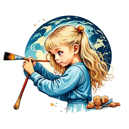 10 Years Old Blond Girl Facing The Wolrd Holding A Brush Painting The Wall