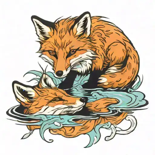 A Fox With Her Cub Reflected In The Water