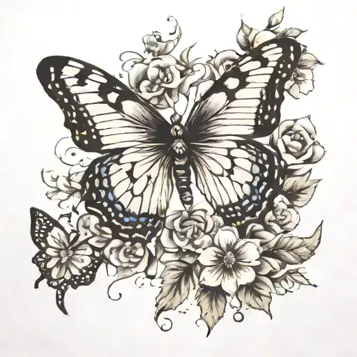 Butterfly And Flowers Intertwined