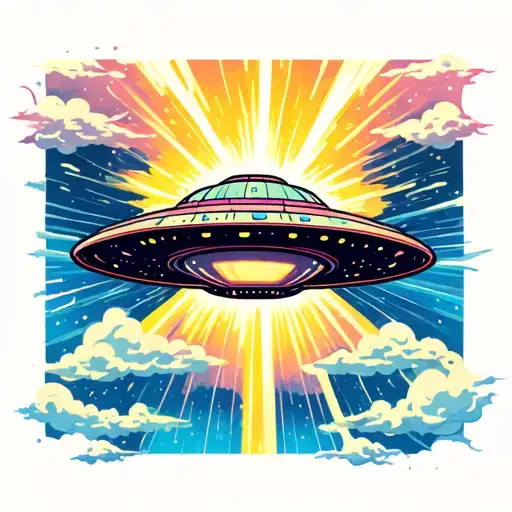 Ufo With Beam Light Shining Clouds