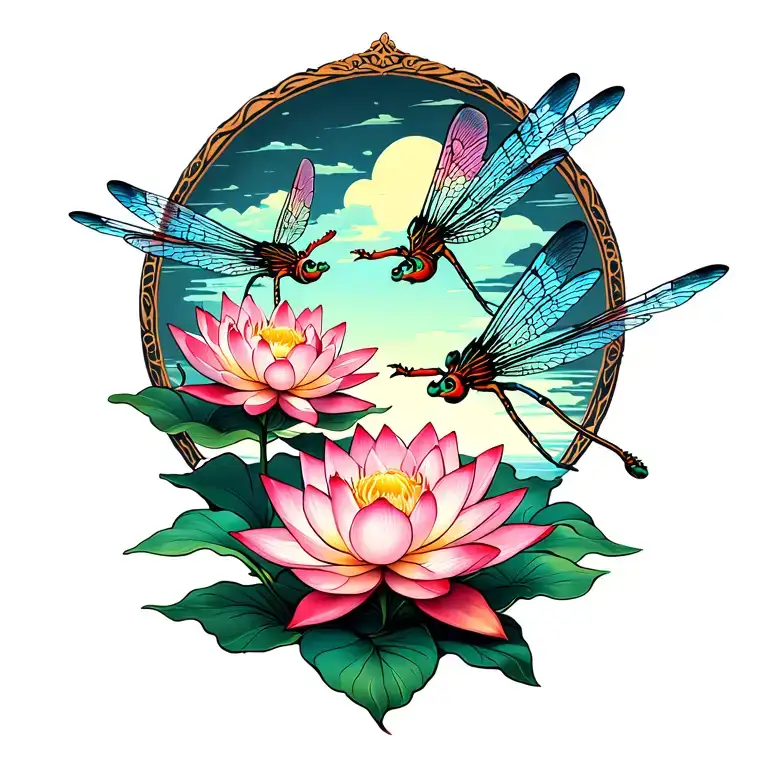 Lotus Flower With Two Dragonflies Flying