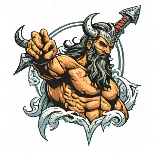 Poseidon Holding A Trident Thor Hammer