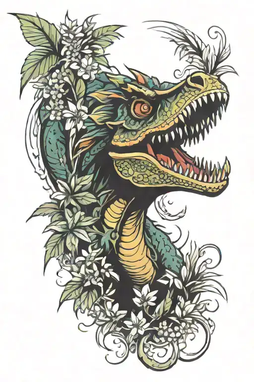 Dilophosaurus Bursting Thro Tropical Plants Intertwined