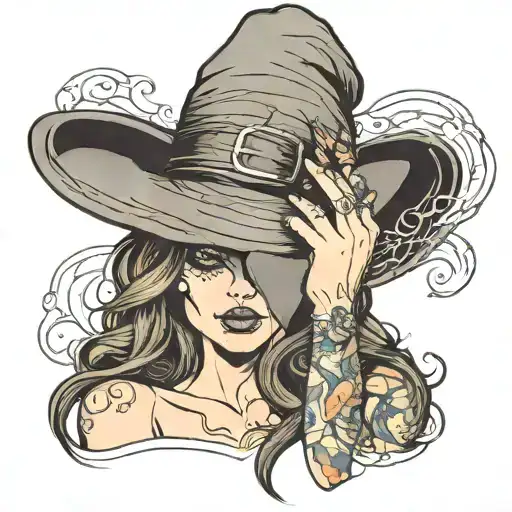 Attractive Witch Hiding Her Face Under Her Hat Sitting