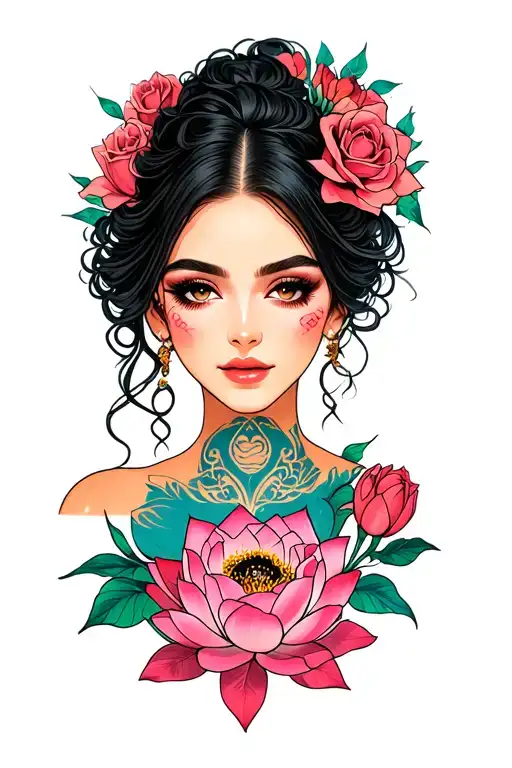 Womans Face And Upper Body With Roses And Lotus Flower