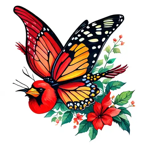 Butterfly And Cardinal Flying