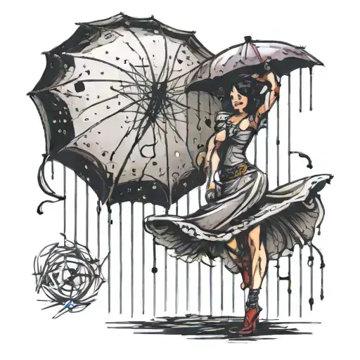 Woman Dancing In The Rain With An Umbrella Dropped On The Floor