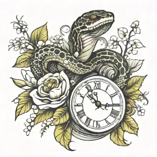 Snake That Wraps Around Roman Numeral Clock With Wildflowers