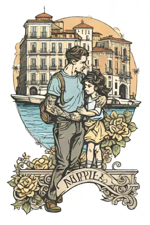 The Background Of Naples And A Couple With A Child Holding Hands