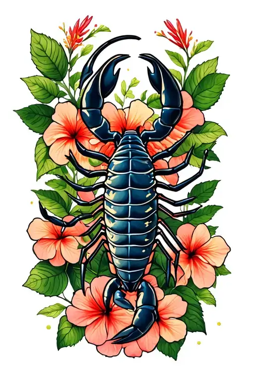 Scorpion With Hibiscus Flowers Growing Trees With Leafs