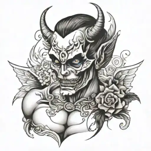 Bige Detailed Chest Tattoo Half Angel Halg Devil Face