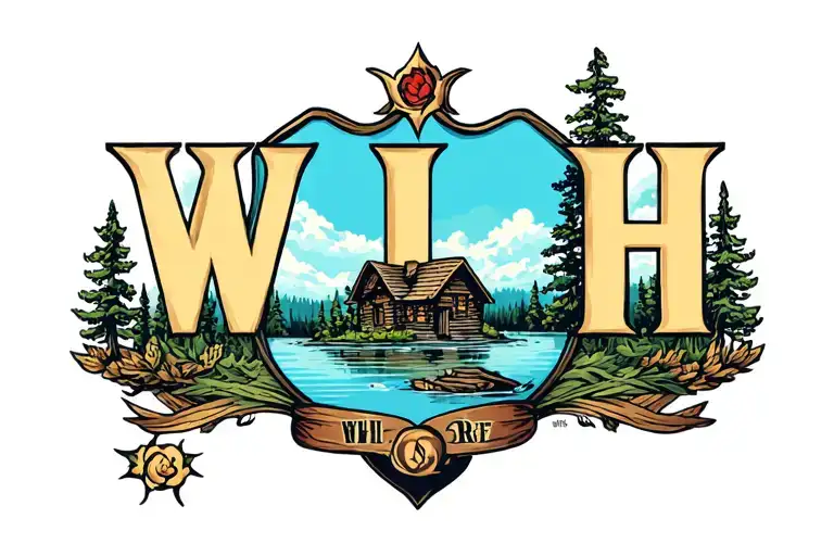 The Letters Wlh In A Crest With A Cabin And Pond Surrounded