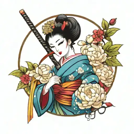 An Elegant Geisha Holding A Bouquet Of Peonies With A Hidden Katana In Her Obi