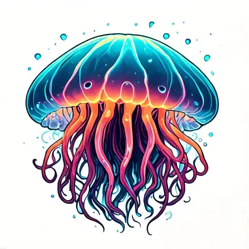 Pschadelic Neon Jellyfish Floating With Long Tentacles
